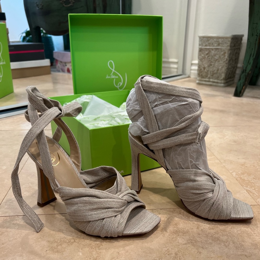 Natural Linen Wrap Heeled Sandals